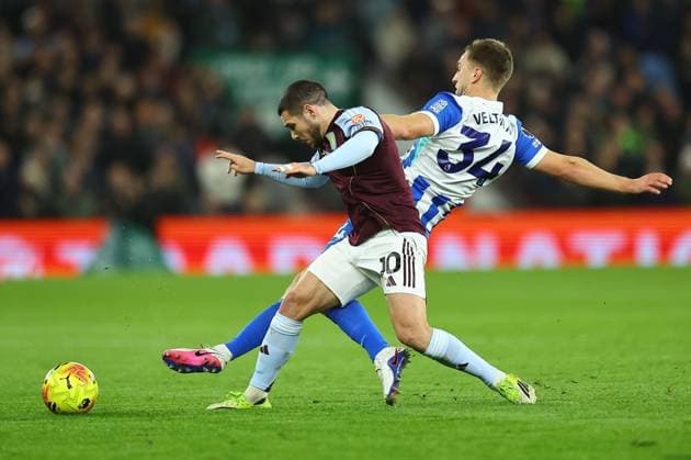 Joel Veltman of Brighton & Hove Albion tackles Emiliano Buendia of Aston Villa Aston Villa v Brighton and Hove Albion, Premier League, Football, Villa Park, Birmingham, UK - 11 Feb 2026Birmingham Villa Park United Kingdom EDITORIAL USE ONLY No use with unauthorised audio, video, data, fixture lists, club league logos or live services. Online in-match use limited to 120 images, no video emulation. No use in betting, games or single club league player publications. Copyright: xMichaelxZemanek Shutterstockx 16540332ae