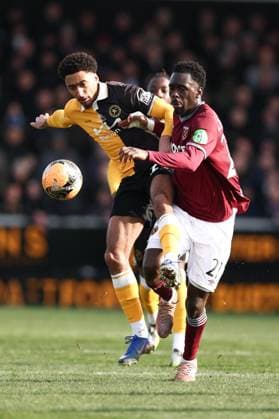 Kain Adom of Burton Albion and Soungoutou Magassa of West Ham United Burton Albion v West Ham United, Emirates FA Cup, Fourth Round, Football, Pirelli Stadium, Burton upon Trent, UK - 14 Feb 2026Burton upon Trent Pirelli Stadium United Kingdom EDITORIAL USE ONLY No use with unauthorised audio, video, data, fixture lists, club league logos or live services. Online in-match use limited to 120 images, no video emulation. No use in betting, games or single club league player publications. Copyright: xRyanxBrowne Shutterstockx 16608141ar