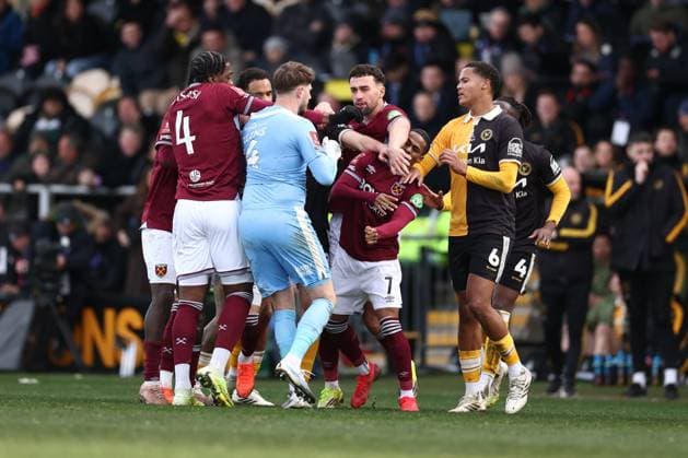 Burton Albion and West Ham players clash Burton Albion v West Ham United, Emirates FA Cup, Fourth Round, Football, Pirelli Stadium, Burton upon Trent, UK - 14 Feb 2026Burton upon Trent Pirelli Stadium United Kingdom EDITORIAL USE ONLY No use with unauthorised audio, video, data, fixture lists, club league logos or live services. Online in-match use limited to 120 images, no video emulation. No use in betting, games or single club league player publications. Copyright: xRyanxBrowne Shutterstockx 16608141bp