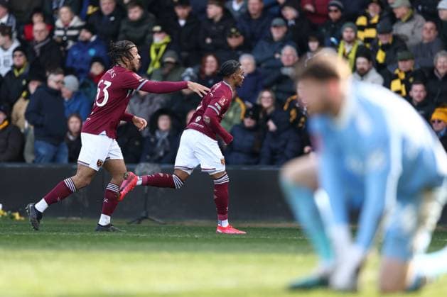 Crysencio Summerville of West Ham United and Ezra Mayers of West Ham United celebrate. Burton Albion v West Ham United, Emirates FA Cup, Fourth Round, Football, Pirelli Stadium, Burton upon Trent, UK - 14 Feb 2026Burton upon Trent Pirelli Stadium United Kingdom EDITORIAL USE ONLY No use with unauthorised audio, video, data, fixture lists, club league logos or live services. Online in-match use limited to 120 images, no video emulation. No use in betting, games or single club league player publications. Copyright: xRyanxBrowne Shutterstockx 16608141bz
