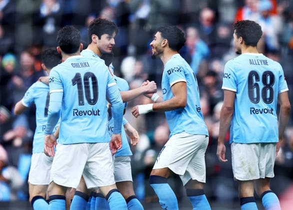 Manchester City players celebrate the opening goal Manchester City v Salford City, Emirates FA Cup, Fourth Round, Football, Etihad Stadium, Manchester, UK - 14 Feb 2026Manchester Etihad Stadium United Kingdom EDITORIAL USE ONLY No use with unauthorised audio, video, data, fixture lists, club league logos or live services. Online in-match use limited to 120 images, no video emulation. No use in betting, games or single club league player publications. Copyright: xMattxWest Shutterstockx 16608276d