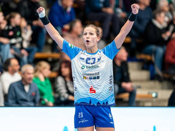 Munia Smits Union Neckarsulm, 23) jubelt, Frisch Auf Goeppingen vs. Sport-Union Neckarsulm, Handball, 1. Bundesliga, Spielzeit 2025 2026, 14.02.2026 Frisch Auf Goeppingen vs. Sport-Union Neckarsulm, Handball, 1. Bundesliga, Spielzeit 2025 2026, 14.02.2026 Goeppingen Copyright: xMichaelxSchmidt Eibner-Pressefotx EP_MST
