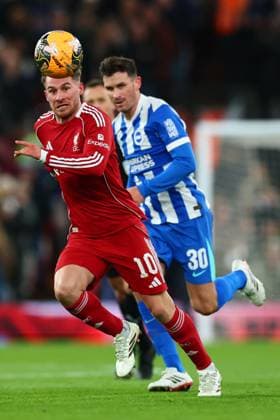 Alexis Mac Allister of Liverpool and Pascal Groß of Brighton & Hove Albion Liverpool v Brighton and Hove Albion, Emirates FA Cup, Fourth Round, Football, Anfield, Liverpool, UK - 14 Feb 2026Liverpool Anfield United Kingdom EDITORIAL USE ONLY No use with unauthorised audio, video, data, fixture lists, club league logos or live services. Online in-match use limited to 120 images, no video emulation. No use in betting, games or single club league player publications. Copyright: xPaulxCurrie Shutterstockx 16608525m