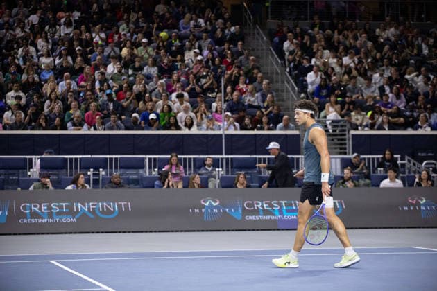 February 14, 2026, Frisco, Texas, USA: BEN SHELTON (USA) walks back to the bench during a menâ€⠢s singles semifinal match at the 2026 Nexo Dallas Open at The Ford Center at The Star in Frisco, Texas. Ben Shelton advances to the championship match after defeating Denis Shapovalov, 4:6, 6:4, 7:6. Tennis 2026: Dallas Open: Ben Shelton 4:6, 6:4, 7:6 Denis Shapovalov - ZUMAh193 20260214_zsp_h193_081 Copyright: xDanielxMcGregor-Huyerx