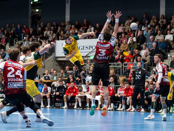 Luca Richter (VfL Eintracht Hagen, 77) beim Torwurf gegen Christian Wilhelm (HSG Nordhorn Lingen, 03) HSG Nordhorn Lingen vs. VfL Eintracht Hagen, Handball, 2. Bundesliga, 19. Spieltag, Saison 2025 2026, 15.02.2026 HSG Nordhorn Lingen vs. VfL Eintracht Hagen, Handball, 2. Bundesliga, 19. Spieltag, Saison 2025 2026, 15.02.2026 Lingen (Ems) Copyright: xEibner-Pressefoto DamianxKruczynx EP_DKI