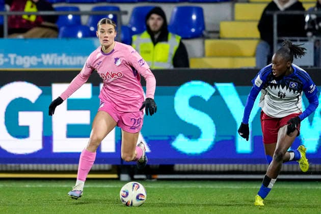 v.li.: Selina Cerci (TSG, 29), Magou Doucoure (HSV, 2), Aktion, Action, Spielszene, 15.02.2026, Sinsheim (Hoffenheim) (Deutschland), Fussball, Google Pixel Frauen-Bundesliga, TSG 1899 Hoffenheim - Hamburger SV, DFB DFL REGULATIONS PROHIBIT ANY USE OF PHOTOGRAPHS AS IMAGE SEQUENCES AND OR QUASI-VIDEO.