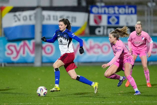 v.li.: Lotta Wrede (HSV, 32), Valesca Ampoorter (TSG, 18), Vanessa Diehm (TSG, 6), Aktion, Action, Spielszene, 15.02.2026, Sinsheim (Hoffenheim) (Deutschland), Fussball, Google Pixel Frauen-Bundesliga, TSG 1899 Hoffenheim - Hamburger SV, DFB DFL REGULATIONS PROHIBIT ANY USE OF PHOTOGRAPHS AS IMAGE SEQUENCES AND OR QUASI-VIDEO.