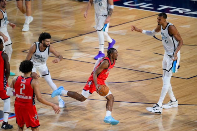 NBA, Basketball Herren, USA All Star 2026: USA Stars vs World Team LOS ANGELES, CA - FEB 15: Tyrese Maxey (0), Cade Cunningham (2) of USA Stars and Victor Wembanyama (1), Jamal Murray (27) of World are in action during the game of NBA All Star 2026 between USA Stars and World team at Intuit Dome, Inglewood, Los Angeles, California, United States on February 15, 2026. Tayfun Coskun Anadolu California United States. Editorial use only. Please get in touch for any other usage. Copyright: x2026xAnadoluxTayfunxCoskunx