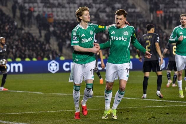 Anthony Gordon of Newcastle United Football Club celebrates his goal with Harvey Barnes of Newcastle United Football Club Qarabag v Newcastle United, UEFA Champions League, Knockout Round Play-Offs, First Leg, Football, Tofig Bahramov Republican Stadium, Baku, Azerbaijan - 18 Feb 2026Baku Tofig Bahramov Republican Stadiu Azerbaijan EDITORIAL USE ONLY No use with unauthorised audio, video, data, fixture lists, club league logos or live services. Online in-match use limited to 120 images, no video emulation. No use in betting, games or single club league player publications. Copyright: xElmirxKarimov Shutterstockx 16660416af