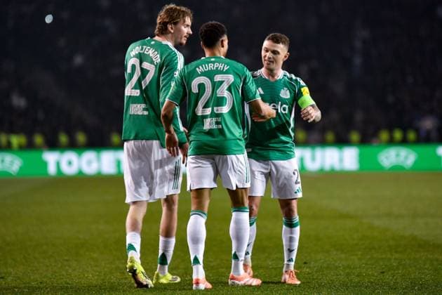 Jacob Murphy of Newcastle United Football Club celebrates his goal with Nick Woltemade of Newcastle United Football Club and Kieran Trippier of Newcastle United Football Club Qarabag v Newcastle United, UEFA Champions League, Knockout Round Play-Offs, First Leg, Football, Tofig Bahramov Republican Stadium, Baku, Azerbaijan - 18 Feb 2026Baku Tofig Bahramov Republican Stadiu Azerbaijan EDITORIAL USE ONLY No use with unauthorised audio, video, data, fixture lists, club league logos or live services. Online in-match use limited to 120 images, no video emulation. No use in betting, games or single club league player publications. Copyright: xElmirxKarimov Shutterstockx 16660416cc