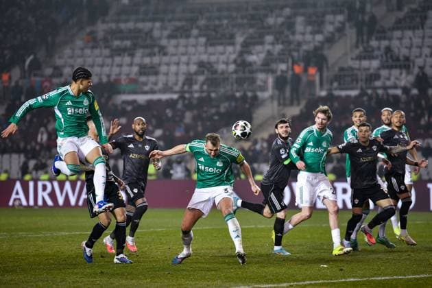 Dan Burn of Newcastle United Football Club heads the ball towards goal Qarabag v Newcastle United, UEFA Champions League, Knockout Round Play-Offs, First Leg, Football, Tofig Bahramov Republican Stadium, Baku, Azerbaijan - 18 Feb 2026Baku Tofig Bahramov Republican Stadiu Azerbaijan EDITORIAL USE ONLY No use with unauthorised audio, video, data, fixture lists, club league logos or live services. Online in-match use limited to 120 images, no video emulation. No use in betting, games or single club league player publications. Copyright: xElmirxKarimov Shutterstockx 16660416cm