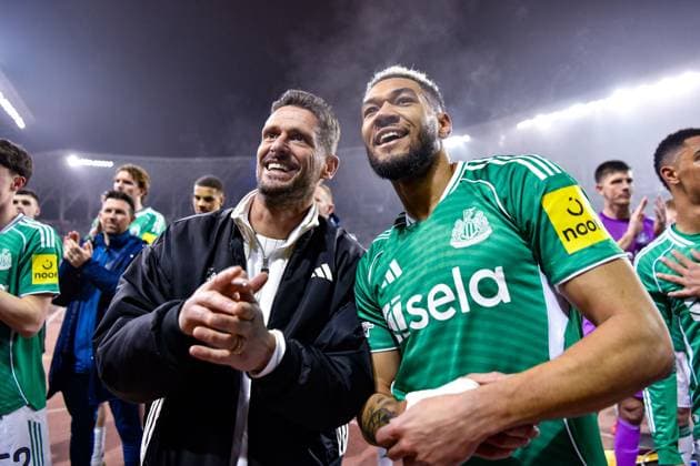 Joelinton of Newcastle United Football Club and Jason Tindall joke around at full time Qarabag v Newcastle United, UEFA Champions League, Knockout Round Play-Offs, First Leg, Football, Tofig Bahramov Republican Stadium, Baku, Azerbaijan - 18 Feb 2026Baku Tofig Bahramov Republican Stadiu Azerbaijan EDITORIAL USE ONLY No use with unauthorised audio, video, data, fixture lists, club league logos or live services. Online in-match use limited to 120 images, no video emulation. No use in betting, games or single club league player publications. Copyright: xElmirxKarimov Shutterstockx 16660416dd