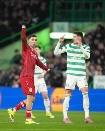 Bilal El Khannouss of Stuttgart celebrates scoring to give Stuttgart a 0-1 lead, with Tomas Cvancara of Celtic, right. Celtic v Stuttgart, UEFA Europa League, Knockout Round Play Offs, First Leg, Football, Celtic Park, Glasgow, Scotland, UK - 19 Feb 2026Glasgow Celtic Park Scotland United Kingdom EDITORIAL USE ONLY No use with unauthorised audio, video, data, fixture lists, club league logos or live services. Online in-match use limited to 120 images, no video emulation. No use in betting, games or single club league player publications. Copyright: xStuartxWallace Shutterstockx 16674319af
