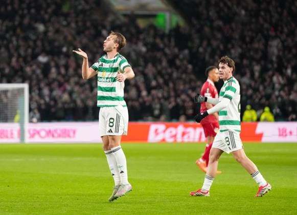 Benjamin Nygren of Celtic celebrates scoring to tie the game 1-1, with Paulo Bernardo of Celtic, right. Celtic v Stuttgart, UEFA Europa League, Knockout Round Play Offs, First Leg, Football, Celtic Park, Glasgow, Scotland, UK - 19 Feb 2026Glasgow Celtic Park Scotland United Kingdom EDITORIAL USE ONLY No use with unauthorised audio, video, data, fixture lists, club league logos or live services. Online in-match use limited to 120 images, no video emulation. No use in betting, games or single club league player publications. Copyright: xStuartxWallace Shutterstockx 16674319ax
