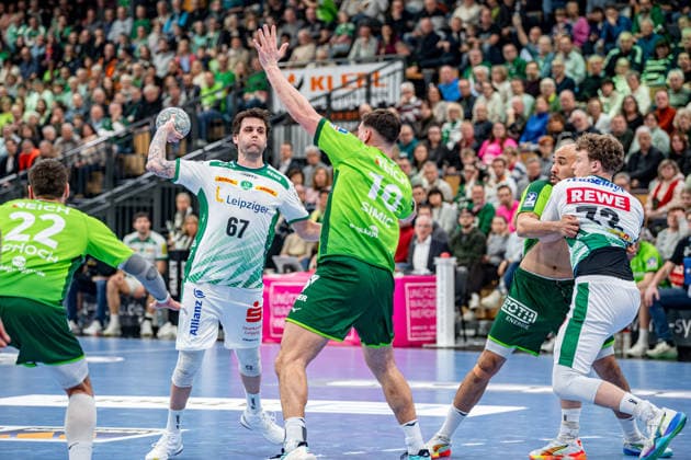 Handball Bundesliga; HSG Wetzlar - SC DHfK Leipzig, 20.02.26 Dean Bombac (SC DHfK Leipzig, 67), Josip Simic (HSG Wetzlar, 10), Cyrill Akakpo (HSG Wetzlar, 20), Luka Rogan (SC DHfK Leipzig, 33), Jona Schoch (HSG Wetzlar, 22) Handball Bundesliga; HSG Wetzlar - SC DHfK Leipzig: Wetzlar, 20.02.26 Copyright: xBEAUTIFULxSPORTS Roeczeyx