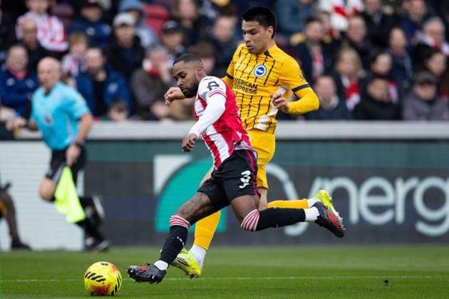 Rico Henry of Brentford and Diego Gomez of Brighton & Hove Albion Brentford v Brighton and Hove Albion, Premier League, Football, Gtech Community Stadium, London, UK - 21 Feb 2026London Gtech Community Stadium United Kingdom EDITORIAL USE ONLY No use with unauthorised audio, video, data, fixture lists, club league logos or live services. Online in-match use limited to 120 images, no video emulation. No use in betting, games or single club league player publications. Copyright: xIanxTuttle Shutterstockx 16681480ax