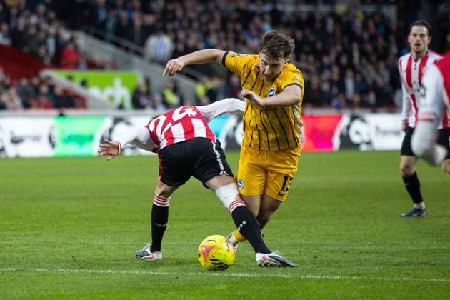 Mikkel Damsgaard of Brentford fouls Jack Hinshelwood of Brighton & Hove Albion Brentford v Brighton and Hove Albion, Premier League, Football, Gtech Community Stadium, London, UK - 21 Feb 2026London Gtech Community Stadium United Kingdom EDITORIAL USE ONLY No use with unauthorised audio, video, data, fixture lists, club league logos or live services. Online in-match use limited to 120 images, no video emulation. No use in betting, games or single club league player publications. Copyright: xIanxTuttle Shutterstockx 16681480bu