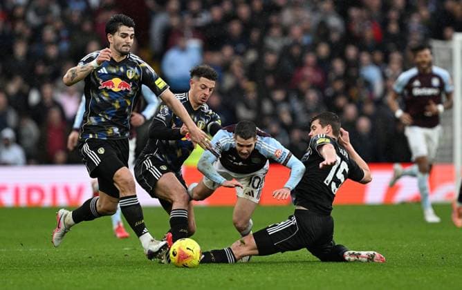 Emi Buendia of Aston Villa is tackled by Ethan Ampadu and Jaka Bijol of Leeds United Aston Villa v Leeds United, Premier League, Football, Villa Park, Birmingham, UK - 21 Feb 2026Birmingham Villa Park United Kingdom EDITORIAL USE ONLY No use with unauthorised audio, video, data, fixture lists, club league logos or live services. Online in-match use limited to 120 images, no video emulation. No use in betting, games or single club league player publications. Copyright: xAnnaxGowthorpe Shutterstockx 16681467bg