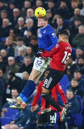 Jarrad Branthwaite of Everton and Casemiro of Manchester United, ManU Everton v Manchester United, Premier League, Football, Hill Dickinson Stadium, Liverpool, UK - 23 Feb 2026Liverpool Hill Dickinson Stadium United Kingdom EDITORIAL USE ONLY No use with unauthorised audio, video, data, fixture lists, club league logos or live services. Online in-match use limited to 120 images, no video emulation. No use in betting, games or single club league player publications. Copyright: xPaulxCurrie Shutterstockx 16692802bk