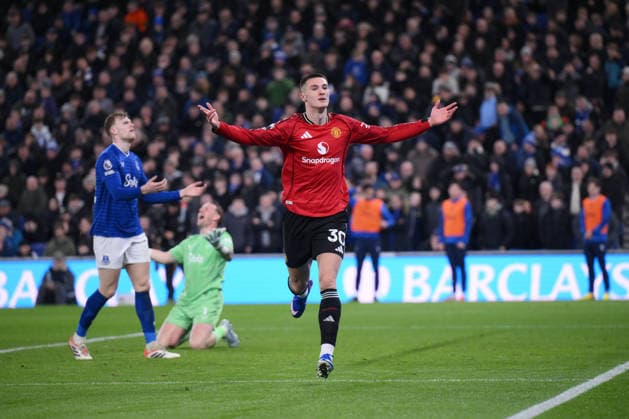 Benjamin Sesko of Manchester United, ManU celebrates scoring the first goal - Everton v Manchester United, Premier League, Hill Dickinson Stadium, Liverpool, UK, Football - 23rd February 2026 Everton v Manchester United, Premier League, Football, Hill Dickinson Stadium, Liverpool, UK - 23 Feb 2026Liverpool Hill Dickinson Stadium United Kingdom EDITORIAL USE ONLY No use with unauthorised audio, video, data, fixture lists, club league logos or live services. Online in-match use limited to 120 images, no video emulation. No use in betting, games or single club league player publications. Copyright: xMDI Shutterstockx 16687971aj