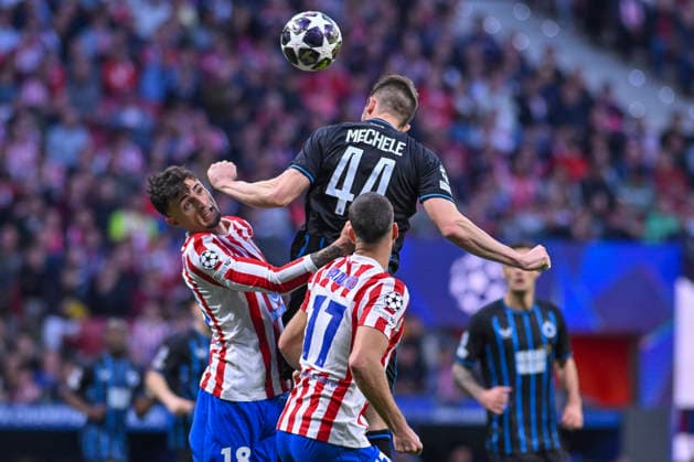February 24, 2026, Madrid, Madrid, Spain: BRANDON MECHELE of Club Brujas KV clear with a header during the Champions League match, second leg of the Play-Off between ATLo°TICO DE MADRID and CLUB BRUJAS KV, held on February 24, 2026, at the Riad Air Metropolitano, Madrid, Spain. ATLETICO DE MADRID Vs CLUB BRUJAS KV Champions League Match, Season 25 26 (02 24 26) - ZUMAc312 20260224_zsp_c312_022 Copyright: xOscarxManuelxSanchezx