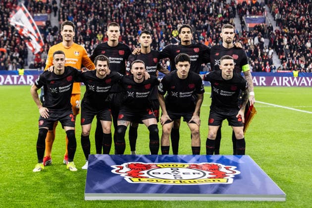 UEFA Champions League: Bayer 04 Leverkusen - Olympiacos FC; 24.02.2026 Teamfoto Bayer 04 Leverkusen. Janis Blaswich (Bayer 04 Leverkusen, 28), Jarell Quansah (Bayer 04 Leverkusen, 4), Jonas Hofmann (Bayer 04 Leverkusen, 7), Robert Andrich (Bayer 04 Leverkusen, 8), Edmond Tapsoba (Bayer 04 Leverkusen, 12), Patrik Schick (Bayer 04 Leverkusen, 14), Alejandro Grimaldo (Bayer 04 Leverkusen, 20), Lucas Vázquez (Bayer 04 Leverkusen, 21), Aleix García (Bayer 04 Leverkusen, 24), Exequiel Palacios (Bayer 04 Leverkusen, 25),Ibrahim Maza (Bayer 04 Leverkusen, 30) UEFA Champions League: Bayer 04 Leverkusen - Olympiacos FC; BayArena, Leverkusen; 24.02.2026 Copyright: xBEAUTIFULxSPORTS Buriakovx