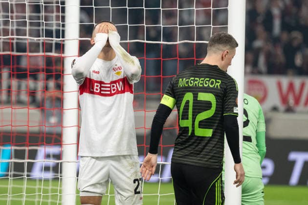 Frust bei Badredine Bouanani (VfB Stuttgart, 27) nach einer vergebenen Torchance, GER, VfB Stuttgart vs. Celtic FC Glasgow, Fussball, UEFA Europa League, Herren, Play-Offs Rueckspiel, Spielzeit 2025 2026, 26.02.2026, GER, VfB Stuttgart vs. Celtic FC Glasgow, Fussball, UEFA Europa League, Herren, Play-Offs Rueckspiel, Spielzeit 2025 2026, 26.02.2026 Stuttgart Copyright: xEibner-Pressefoto WolfgangxFrankx EP_WFK