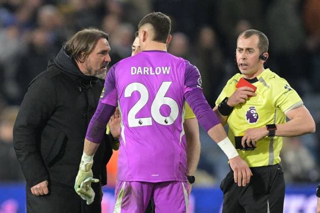 Referee Peter Bankes shows Manager Daniel Farke of Leeds United a red card after the Leeds mans angry exchange with the officials Leeds United v Manchester City, Premier League, Football, Elland Road, Leeds, UK - 28 Feb 2026Leeds Elland Road United Kingdom EDITORIAL USE ONLY No use with unauthorised audio, video, data, fixture lists, club league logos or live services. Online in-match use limited to 120 images, no video emulation. No use in betting, games or single club league player publications. Copyright: xGreigxCowie Shutterstockx 16708637at