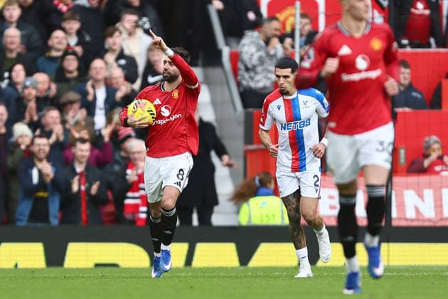 Bruno Fernandes of Manchester United, ManU celebrates scoring their sides first goal Manchester United v Crystal Palace, Premier League, Football, Old Trafford, Manchester, UK - 01 Mar 2026Manchester Old Trafford United Kingdom EDITORIAL USE ONLY No use with unauthorised audio, video, data, fixture lists, club league logos or live services. Online in-match use limited to 120 images, no video emulation. No use in betting, games or single club league player publications. Copyright: xPhilxOldham Shutterstockx 16708837ay