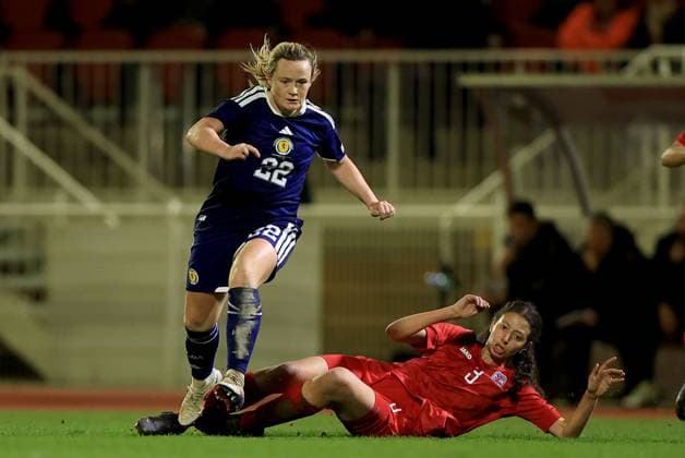 Erin Cuthbert of Scotland in action against Amal Cherkane of Luxembourg Luxembourg Women v Scotland Women, 2027 FIFA Women s World Cup Qualifiers, Group D, Football, Stade mile Mayrisch, Luxembourg - 03 Mar 2026 Stade mile Mayrisch Luxembourg EDITORIAL USE ONLY No use with unauthorised audio, video, data, fixture lists, club league logos or live services. Online in-match use limited to 120 images, no video emulation. No use in betting, games or single club league player publications. Copyright: xGeorgexTewkesbury Shutterstockx 16719926aa
