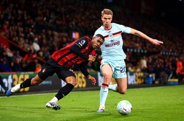 Rayan of AFC Bournemouth and Kristoffer Ajer of Brentford. AFC Bournemouth v Brentford, Premier League, Football, Vitality Stadium, Bournemouth, UK - 03 Mar 2026Bournemouth Vitality Stadium United Kingdom EDITORIAL USE ONLY No use with unauthorised audio, video, data, fixture lists, club league logos or live services. Online in-match use limited to 120 images, no video emulation. No use in betting, games or single club league player publications. Copyright: xJamesxMarsh Shutterstockx 16719986au