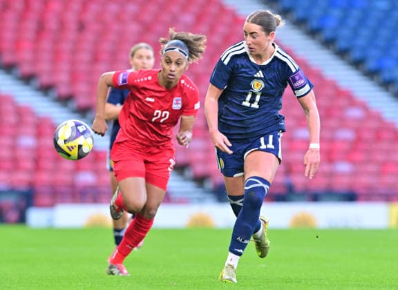 Kathlean McGovern of Scotland and Kimberly Dos Santos of Luxembourg Scotland Women v Luxembourg Women, 2027 FIFA Women s World Cup Qualifiers, Group D, Football, Hampden Park, Glasgow, Scotland, UK - 07 Mar 2026Glasgow Hampden Park Scotland United Kingdom EDITORIAL USE ONLY No use with unauthorised audio, video, data, fixture lists, club league logos or live services. Online in-match use limited to 120 images, no video emulation. No use in betting, games or single club league player publications. Copyright: xMarkxRunnacles Shutterstockx 16723654aa