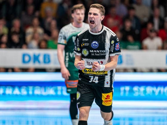 Vincent Buechner (ThSV Eisenach, 74) jubelt lautstark, Frisch Auf Goeppingen vs. ThSV Eisenach, Handball, 1. Bundesliga, Herren, Spielzeit 2025 2026, 09.03.2026, Frisch Auf Goeppingen vs. ThSV Eisenach, Handball, 1. Bundesliga, Herren, Spielzeit 2025 2026, 09.03.2026 Goeppingen Copyright: xEibner-Pressefoto MichaelxSchmidx EP_MST