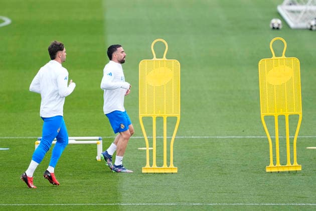 March 10, 2026, Valdebebas, Madrid, Spain: Raul Asencio and Daniel Carvajal during the training day of Real Madrid ahead the UEFA Champions League 2025 26, Round of 16 first leg, football match against Manchester City at Ciudad Deportiva Real Madrid on March 10, 2026, in Valdebebas, Madrid, Spain. Valdebebas Spain - ZUMAa181 20260310_zaa_a181_002 Copyright: xOscarxJ.xBarrosox