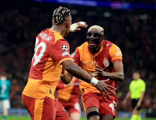 Mario Lemina of Galatasaray celebrates with teammate Victor Osimhen of Galatasaray after scoring their side s first goal of the game Galatasaray v Liverpool, UEFA Champions League, Round of 16, First Leg, Football, RAMS Park, Istanbul, Turkiye - 10 Mar 2026Istanbul RAMS Park Turkey EDITORIAL USE ONLY No use with unauthorised audio, video, data, fixture lists, club league logos or live services. Online in-match use limited to 120 images, no video emulation. No use in betting, games or single club league player publications. Copyright: xGeorgexTewkesbury Shutterstockx 16740258z