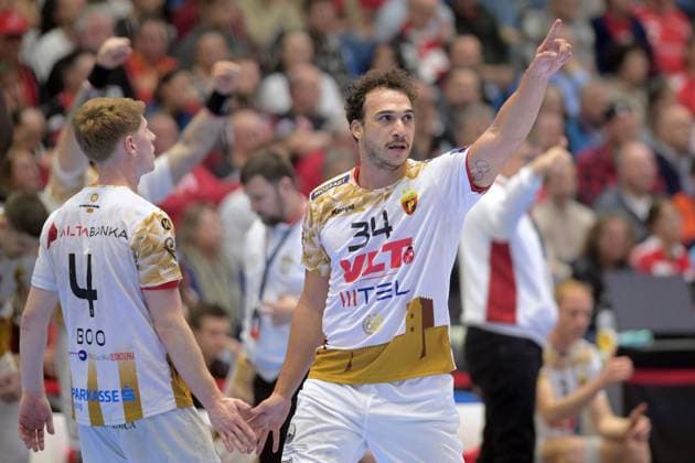 Jubel bei Joao Pedro Francisco Da Silva (HC Vardar 34), Nicolas Bono (HC Vardar 4) (L) , GER, MT Melsungen - HC Vardar 1961 PRO Skopje (MKD), Handball, EHF European League Maenner, Main Round, Saison 2025 2026, 10.03.2026, GER, MT Melsungen - HC Vardar Skopje, Handball, EHF Maenner, Main Round, Saison 2025 2026, 10.03.2026 Kassel Copyright: xEibner-Pressefotox xRolandxSippelx EP_RSL