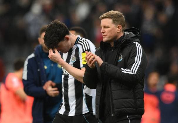 Newcastle United manager Eddie Howe and Tino Livramento at the end of the match Newcastle United v Barcelona, UEFA Champions League, Round of 16, First Leg, Football, St James Park, Newcastle, UK - 10 Mar 2026Newcastle St James Park United Kingdom EDITORIAL USE ONLY No use with unauthorised audio, video, data, fixture lists, club league logos or live services. Online in-match use limited to 120 images, no video emulation. No use in betting, games or single club league player publications. Copyright: xRichardxLee Shutterstockx 16740284cj