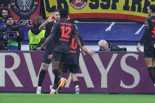 GER, UEFA CL, Achtelfinale, Bayer 04 Leverkusen (GER) vs. FC Arsenal (ENG), 11.03.2026, BayArena, Leverkusen, GER, UEFA CL, Achtelfinale, Bayer 04 Leverkusen (GER) vs. FC Arsenal (ENG), , im Bild: 1:0 fuer Leverkusen durch Robert Andrich (Leverkusen 8), Torjubel Jubel Jubellauf, Edmond Tapsobsa (Leverkusen 12), Ibrahim Maza (Leverkusen 30),