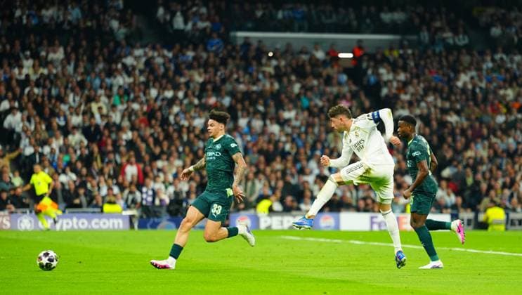 Federico Valverde of Real Madrid scores a goal to make it 2-0 Real Madrid v Manchester City, UEFA Champions League, Round of 16, First Leg, Football, Bernabeu, Madrid, Spain - 11 Mar 2026Madrid Bernabeu Spain EDITORIAL USE ONLY No use with unauthorised audio, video, data, fixture lists, club league logos or live services. Online in-match use limited to 120 images, no video emulation. No use in betting, games or single club league player publications. Copyright: xJavierxGarcia Shutterstockx 16746741aa
