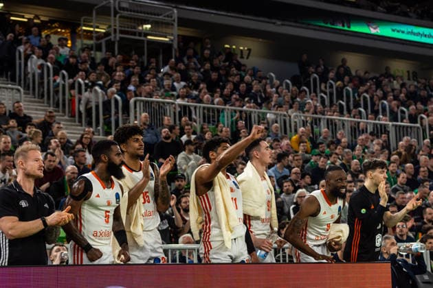 GER, BKT EuroCup, Saison 2025 2026, Achteffinale, Cedevita Olimpija Ljubljana- Niners Chemnitz 11.03.2026, Arena Stozice, Ljubljana, GER, BKT EuroCup, Saison 2025 2026, Achteffinale, Cedevita Olimpija Ljubljana- Niners Chemnitz Team Niners Chemnitz jubelt Foto Alexander Trienitz Ljubljana Arena Stozice Slowenien