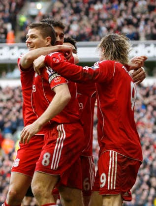 Steven Gerrard of Liverpool celebrates scoring the third goal Copyright: x-x