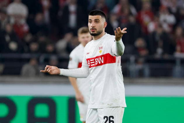 Deniz Undav (VfB Stuttgart, 26), Mimik, Gesichtsausdruck, Emotion , Deutschland, Fussball, UEFA Europa League, Achtelfinale, 2025 2026, VfB Stuttgart vs. FC Porto, 12.03.2026, Stuttgart Arena Stuttgart Deutschland Copyright: xGrantxHubbsx