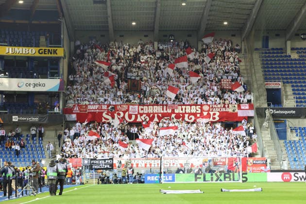 12.03.2026, xrekx, Fussball UEFA Europa League, KRC Genk - SC Freiburg v.l. SC Freiburg Fans ,Stimmung, Schals, Ultras, Zuschauer, Besucher, Choreo, Choreografie, atmosphere, scarves, spectators, visitors (DFL DFB REGULATIONS PROHIBIT ANY USE OF PHOTOGRAPHS as IMAGE SEQUENCES and or QUASI-VIDEO) Genk
