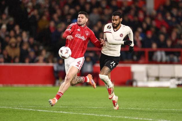 Morato of Nottingham Forest and Junior Brumado of FC Midtjylland Nottingham Forest v FC Midtjylland, UEFA Europa League, Round of 16, First Leg, Football, City Ground, Nottingham, UK - 12 Mar 2026Nottingham City Ground United Kingdom EDITORIAL USE ONLY No use with unauthorised audio, video, data, fixture lists, club league logos or live services. Online in-match use limited to 120 images, no video emulation. No use in betting, games or single club league player publications. Copyright: xRyanxBrowne Shutterstockx 16746750v