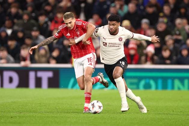 Nicolas Dominguez of Nottingham Forest and Pedro Bravo of FC Midtjylland Nottingham Forest v FC Midtjylland, UEFA Europa League, Round of 16, First Leg, Football, City Ground, Nottingham, UK - 12 Mar 2026Nottingham City Ground United Kingdom EDITORIAL USE ONLY No use with unauthorised audio, video, data, fixture lists, club league logos or live services. Online in-match use limited to 120 images, no video emulation. No use in betting, games or single club league player publications. Copyright: xRyanxBrowne Shutterstockx 16746750y