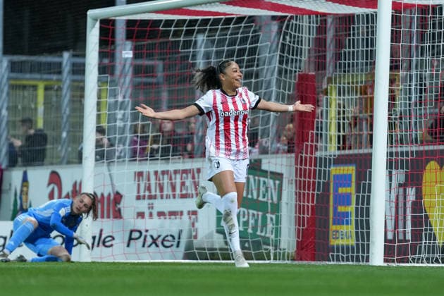 Nicole Ojukwu (SC Freiburg, 06) Torjubel, Emotionen, Jubel, Torerfolg, Abschluss, Treffer , Deutschland, Fussball, GooglePixel Frauen-Bundesliga, 20.Spieltag, 2025 2026, SC Freiburg vs. 1. FC Nürnberg, 13.03.2026, Dreisamstadion, Freiburg, Deutschland DFB REGULATIONS PROHIBIT ANY USE OF PHOTOGRAPHS AS IMAGE SEQUENCES AND OR QUASI-VIDEO. Freiburg Dreisamstadion Baden-Wuerttemberg Deutschland Copyright: xArnexAmbergx