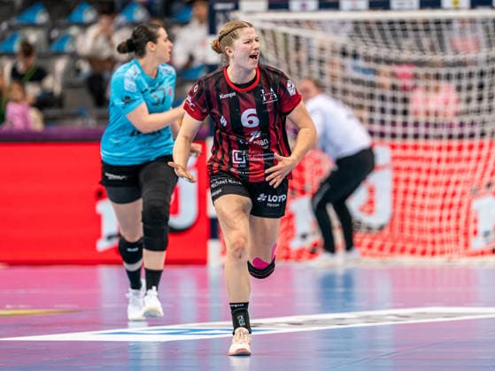 Nina Engel (HSG Bensheim Auerbach, 06) jubelt nach ihrem Tor, Thueringer HC vs. HSG Bensheim Auerbach, Handball, DHB Pokal Haushahn Final 4, Spielzeit 2025 2026, 14.03.2026 Thueringer HC vs. HSG Bensheim Auerbach, Handball, DHB Pokal Haushahn Final 4, Spielzeit 2025 2026, 14.03.2026 Stuttgart Copyright: xMichaelxSchmidt Eibner-Pressefotx EP_MST