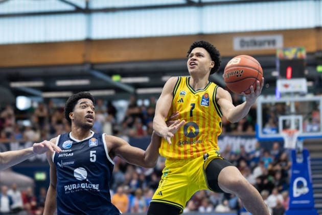 Marcus Foster (MBC, 5), Jack Kayil (Alba, 7), Syntainics MBC vs. ALBA BERLIN, Basketball, 1. Bundesliga, Maenner, 24. Spieltag, Saison 2025 26, 15.03.2026. Weißenfels Stadthalle Sachsen-Anhalt Deutschland