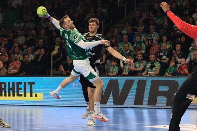 DEU, DHB, 1.HBL, Fuechse Berlin vs.Erlangen, 15.03.2026, Max-Schmeling-Halle, Berlin, DEU, DHB, 1.HBL, Fuechse Berlin vs.Erlangen, im Bild Mathias Gidsel (Fuechse Berlin 19), Tim Goemmel (Erlangen 95)