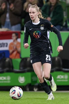 Vivien Endemann (VfL Wolfsburg, 25) am Ball, Freisteller, Einzelbild, Ganzkörper, Aktion, Action, Spielszene, DIE DFB-RICHTLINIEN UNTERSAGEN JEGLICHE NUTZUNG VON FOTOS ALS SEQUENZBILDER UND ODER VIDEOÄHNLICHE FOTOSTRECKEN. DFB REGULATIONS PROHIBIT ANY USE OF PHOTOGRAPHS AS IMAGE SEQUENCES AND OR QUASI-VIDEO., 15.03.2026, Wolfsburg (Deutschland), Fussball, Google Pixel Frauen-Bundesliga, VfL Wolfsburg - Bayer 04 Leverkusen